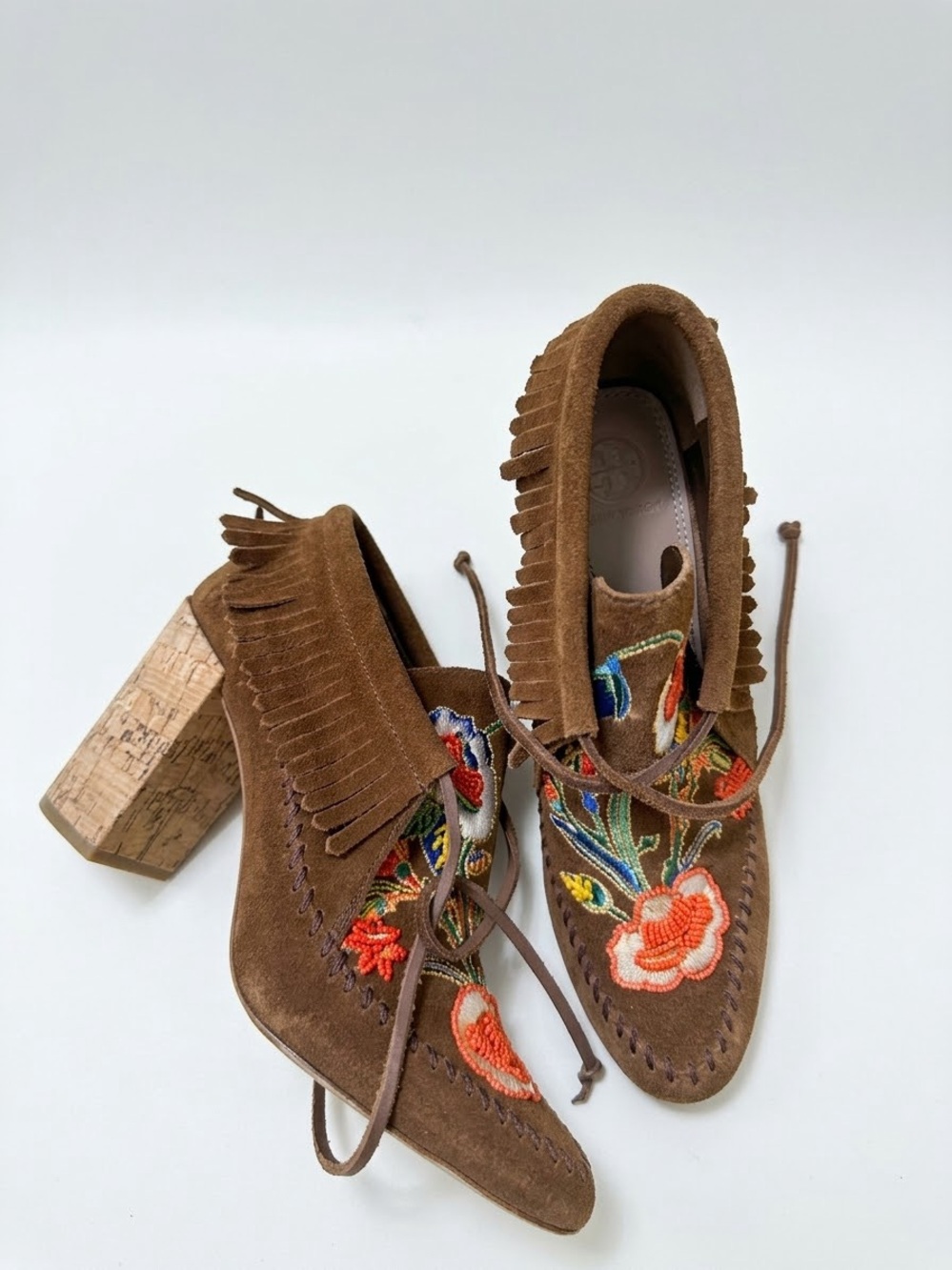 Tory Burch Brown Suede Embroidered Fringe Women's Heels